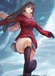 Rule 34 | 1girl, absurdres, antenna hair, aozaki aoko, black gloves, black legwear, blue eyes, blue sky, breasts, brown hair, closed mouth, cloud, commentary, gloves, hair intakes, highres, jacket, large breasts, long sleeves, mahou tsukai no yoru, mameneko 2, miniskirt, outdoors, plaid, plaid scarf, red jacket, scarf, skirt, sky, soles, solo, thighs, white skirt, winter, winter clothes
