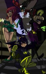 Rule 34 | 4girls, absurdres, animal ears, ass, bat wings, batgirl, batman (series), black hair, blonde hair, blue eyes, blueyoshimenace, bodysuit, boots, breasts, cat ears, cat tail, catsuit, catwoman, catwoman (cosplay), cerebella (skullgirls), cosplay, dc comics, dress, extra mouth, fang, filia (skullgirls), gem, green hair, grin, hair over one eye, hanging breasts, harley quinn, high heel boots, high heels, highres, huge ass, impossible clothes, large breasts, legs, lips, living clothes, long hair, ms. fortune (skullgirls), multiple girls, parasoul (skullgirls), poison ivy, poison ivy (cosplay), prehensile hair, red eyes, red hair, samson (skullgirls), shoes, short dress, short hair, skullgirls, narrow waist, smile, stitches, tail, thigh boots, thighhighs, vice-versa (skullgirls), wings