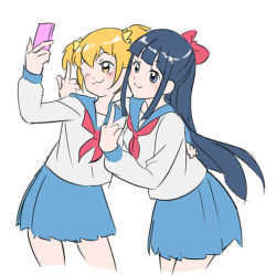Rule 34 | 10s, 2girls, :3, alternate hair color, blonde hair, blouse, blue eyes, blue hair, blue sailor collar, blue skirt, blunt bangs, blush, bow, closed mouth, double middle finger, grey shirt, hair bow, hand on another&#039;s back, holding, holding phone, jiayu long, leaning forward, long hair, long sleeves, looking at phone, middle finger, multiple girls, neckerchief, phone, pink bow, pink neckerchief, pipimi, pleated skirt, poptepipic, popuko, sailor collar, school uniform, selfie, serafuku, shirt, short hair, simple background, skirt, white background, yellow eyes