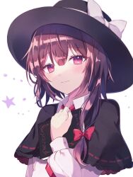 Rule 34 | 1girl, black capelet, black hat, book, bow, brown hair, capelet, closed mouth, collared shirt, commentary request, hamonika monika, hand up, hat, hat bow, highres, holding, holding book, light smile, long hair, long sleeves, looking at viewer, necktie, red bow, red eyes, red necktie, shirt, solo, star (symbol), touhou, upper body, usami renko, white background, white bow, white shirt