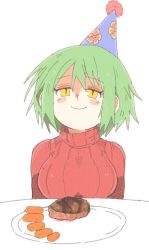 Rule 34 | 1girl, birthday, breasts, carrot, commentary, food, green hair, half-closed eyes, hat, hikage (senran kagura), inkerton-kun, large breasts, looking at viewer, party hat, red sweater, ribbed sweater, senran kagura, short hair, simple background, slit pupils, smile, solo, steak, sweater, tagme, turtleneck, turtleneck sweater, white background, yellow eyes