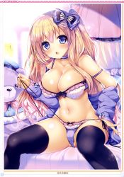 Rule 34 | 1girl, ayuma sayu, bare shoulders, bed, blonde hair, blue eyes, blue ribbon, blush, bra, breasts, cameltoe, cleavage, cleft of venus, hair ornament, highres, large breasts, long hair, looking at viewer, navel, on bed, open mouth, original, panties, pink ribbon, purple ribbon, ribbon, scan, sitting, solo, string panties, stuffed animal, stuffed toy, teddy bear, thighhighs, underwear, undressing