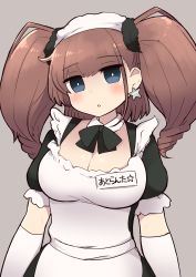 Rule 34 | 1girl, alternate costume, apron, atlanta (kancolle), black dress, breasts, brown hair, dress, earrings, enmaided, gloves, grey eyes, highres, jewelry, kantai collection, large breasts, long hair, maid, maid apron, maid headdress, puffy short sleeves, puffy sleeves, short sleeves, simoyuki, single earring, solo, star (symbol), star earrings, two side up, upper body, white apron, white gloves