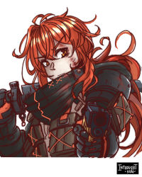 Rule 34 | 1boy, alternate costume, armor, artist name, bag, belt, boots, buckle, diluc (genshin impact), genshin impact, gloves, gun, handgun, harness, highres, introvert-kun, long hair, low-tied long hair, over shoulder, pistol, red eyes, red hair, scarf, shoulder armor, snap-fit buckle, tactical clothes, weapon, weapon over shoulder