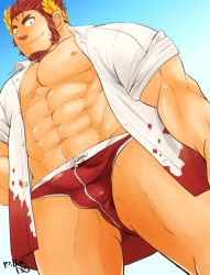 Rule 34 | 1boy, abs, alternate costume, bara, bare pectorals, bulge, claude (housamo), facial hair, from below, gakei3, gluteal fold, goatee, large pectorals, laurel crown, long sideburns, looking at viewer, male focus, male swimwear, mature male, muscular, muscular male, navel, nipples, open clothes, open shirt, pectorals, red hair, red male swimwear, shirt, short hair, sideburns, sleeves rolled up, smile, solo, stomach, swim briefs, thick eyebrows, thick thighs, thighs, tokyo houkago summoners, white shirt