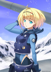 Rule 34 | 10s, 1girl, adjusting hair, ahoge, aqua eyes, arm up, belt pouch, blonde hair, bob cut, bodysuit, day, flat chest, gloves, hairband, heavy object, inue shinsuke, looking back, milinda brantini, mountain, official art, outdoors, pouch, short hair, skin tight, sky, snow, solo, standing, turtleneck, vest