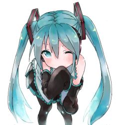 Rule 34 | 1girl, aqua eyes, aqua hair, bad id, bad pixiv id, bare shoulders, black pantyhose, black skirt, blush, covering own mouth, detached sleeves, foreshortening, from above, hair between eyes, hair ornament, hand on own knee, hand over own mouth, hatsune miku, kirisawa saki, leaning forward, light smile, long hair, looking at viewer, looking up, one eye closed, pantyhose, pleated skirt, ponytail, scrunchie, simple background, skirt, skirt set, sleeves past wrists, smile, solo, standing, twintails, very long hair, vocaloid, white background, wing collar, wink