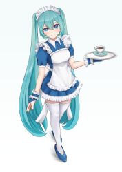 Rule 34 | 1girl, absurdres, apron, bad id, bad pixiv id, blue eyes, blue hair, bridal gauntlets, commentary request, cup, full body, hair between eyes, hatsune miku, highres, long hair, looking at viewer, maid, maid apron, maid headdress, nekoinu bamboo, plate, short sleeves, simple background, smile, solo, teacup, thighhighs, tray, twintails, very long hair, vocaloid, white background, zettai ryouiki