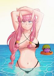 Rule 34 | 1girl, 1other, armpits, arms up, bikini, black bikini, blue eyes, blush, breasts, breasts apart, closed eyes, closed mouth, combat helmet, cowboy shot, demon girl, drinking, embarrassed, helmet, heterochromia, highres, horns, indie virtual youtuber, large breasts, long hair, looking at viewer, maxjharoz, muse ts, oni, oni horns, pink eyes, pink hair, pointy ears, smile, solo focus, standing, star bikini, straight-on, swimsuit, virtual youtuber, water
