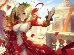Rule 34 | 1girl, aestus estus, ahoge, architecture, arm at side, arm guards, arm up, armor, armpit peek, backlighting, blonde hair, blue sky, braid, breasts, building, cleavage cutout, closed eyes, clothing cutout, cloud, covered erect nipples, day, dress, fate (series), green eyes, hair intakes, hair ribbon, head wreath, holding, holding sword, holding weapon, juliet sleeves, kazto furuya, large breasts, long sleeves, looking at viewer, nero claudius (fate), nero claudius (fate) (all), nero claudius (fate/extra), petals, puffy sleeves, railing, red dress, red ribbon, ribbon, rose petals, short hair, shoulder armor, sky, solo, sunlight, sword, temple, vambraces, weapon