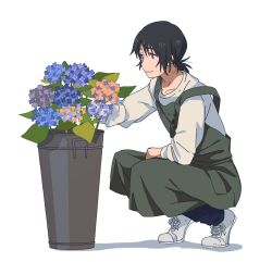 Rule 34 | 1boy, apron, black eyes, black hair, blue flower, blue pants, closed mouth, commentary request, flower, full body, green apron, hydrangea, leaf, long sleeves, male focus, marutei2, mr. koiwai, pants, purple flower, shirt, shoes, short hair, simple background, smile, sneakers, solo, squatting, vase, white background, white footwear, white shirt, yotsubato!