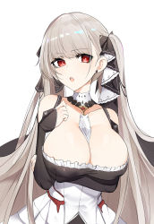 Rule 34 | 1girl, :o, azur lane, bare shoulders, between breasts, black dress, blush, breast hold, breasts, cleavage, collarbone, detached sleeves, dress, earrings, formidable (azur lane), frilled dress, frills, hair ornament, hair ribbon, hand up, highres, jewelry, large breasts, long hair, long sleeves, looking at viewer, luse maonang, open mouth, red eyes, ribbon, silver hair, simple background, solo, stud earrings, taut clothes, taut dress, twintails, upper body, very long hair, white background, white dress