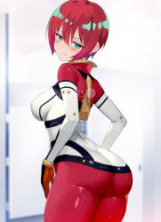 1girl amate_yuzuriha aqua_eyes arched_back ass blurry blurry_background blush bodysuit breasts closed_mouth covered_erect_nipples embarrassed gundam gundam_gquuuuuux hair_between_eyes highres looking_at_viewer medium_breasts nakamura_yukitoshi red_bodysuit red_hair short_hair sidelocks skin_tight standing two-tone_bodysuit watermark white_bodysuit