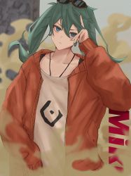 Rule 34 | 1girl, aqua eyes, aqua hair, character name, closed mouth, collarbone, earrings, expressionless, eyewear on head, fingernails, hair between eyes, hatsune miku, highres, jacket, jewelry, long fingernails, long hair, long sleeves, looking at viewer, mourai, necklace, open clothes, open jacket, red jacket, shirt, sleeves past wrists, solo, suna no wakusei (vocaloid), sunglasses, twintails, upper body, vocaloid