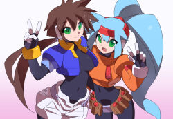 Rule 34 | 2girls, aile (mega man zx), ashe (mega man), blue hair, breasts, brown hair, cropped jacket, green eyes, hair between eyes, jacket, kaidou zx, large breasts, long hair, medium breasts, mega man (series), mega man x (series), mega man x dive, mega man zx, mega man zx advent, multiple girls, navel, open clothes, open jacket, ponytail, robot ears, shorts, skin tight, tagme, v