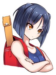 Rule 34 | 1girl, :i, animal ears, arcana heart, artist request, backpack, bag, bare arms, bare legs, black hair, blush, breasts, brown eyes, crossed arms, daidouji kira, female focus, fingernails, highres, one-piece swimsuit, school swimsuit, shiny skin, short hair, simple background, small breasts, solo, swimsuit, upper body, white background