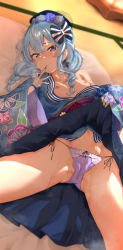 Rule 34 | 1girl, blue eyes, blue hair, blue hat, blue kimono, blue nails, blush, bow, bow panties, braid, breasts, breasts out, cleft of venus, closed mouth, clothes lift, collarbone, crotch seam, dress, dress lift, embarrassed, fingernails, fishnet gloves, fishnets, floral print, futon, gloves, hair between eyes, hair bow, hair ornament, hat, hcz n, highres, hololive, hoshimachi suisei, hoshimachi suisei (new year), japanese clothes, kimono, kimono lift, lifted by self, long sleeves, lying, medium hair, nail polish, navel, nipples, on back, open mouth, panties, purple panties, sash, side-tie panties, small breasts, solo, star (symbol), tatami, twin braids, underwear, virtual youtuber, wet, wet clothes, wet panties, wide sleeves