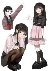 Rule 34 | 1girl, absurdres, arm up, black eyes, black footwear, black hair, black nails, black shirt, black skirt, blush, breasts, ear piercing, full body, glasses, hair ornament, hand up, highres, long hair, long sleeves, looking at viewer, multiple views, nail polish, open mouth, original, pantyhose, piercing, pink shirt, pink skirt, platform footwear, pleated skirt, school uniform, shirt, simple background, skirt, small breasts, smile, tama (tamago), twintails, white background