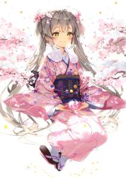 Rule 34 | 1girl, :3, absurdres, anmi, blush, brown hair, bubble, cherry blossoms, curly hair, floral print, flower, fur trim, hair flower, hair ornament, half updo, highres, japanese clothes, kimono, long hair, obi, original, sandals, sash, scan, sidelocks, smile, snowflakes, solo, tabi, twintails, very long hair, white background, wide sleeves, yellow eyes