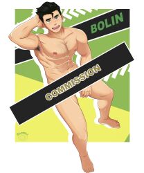 Rule 34 | 1boy, abs, absurdres, alternate body hair, arm behind head, armpit hair, armpits, avatar legends, bara, black hair, blush, bolin, censored, censored by text, chest hair, commentary, commission, completely nude, english commentary, from above, green eyes, highres, large pectorals, looking at viewer, male focus, muscular, muscular male, navel, nipples, nude, pectorals, short hair, sideburns, smile, solo, somindul, stomach, the legend of korra