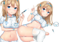 Rule 34 | 1girl, :o, ass, bachibachi (tisen), blue eyes, blush, breast hold, breasts, brown hair, buttons, closed mouth, collared shirt, crop top, girls&#039; frontline, groin, hair ornament, hair ribbon, hairband, hand up, hat, unworn hat, unworn headwear, highres, holding, large breasts, long hair, looking at viewer, lying, microskirt, midriff, multiple views, navel, nurse, nurse cap, on side, one side up, panties, parted lips, pencil skirt, ribbon, shirt, short sleeves, sidelocks, skirt, smile, snowflake hair ornament, stomach, suomi (girls&#039; frontline), syringe, thighhighs, thighs, underboob, underwear, v, white panties, white shirt, white skirt, white thighhighs, wristband