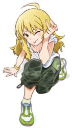 Rule 34 | 1girl, ;p, ahoge, akizuki ritchan, arm support, blonde hair, bra, bracelet, breasts, camouflage, camouflage pants, cleavage, full body, ghoe, green bra, green eyes, green pants, green socks, hair between eyes, hand in own hair, highres, hoshii miki, idolmaster, idolmaster (classic), jewelry, long hair, medium breasts, one eye closed, pants, shirt, sitting, socks, solo, tongue, tongue out, underwear, wet, wet clothes, wet shirt