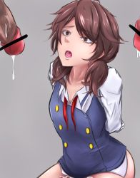 Rule 34 | 1girl, 2boys, after rape, arms behind back, bar censor, brown eyes, brown hair, censored, cum, grey background, low twintails, multiple boys, multiple penises, open mouth, penis, content rating, school uniform, simple background, solo focus, touhou, trembling, twintails, usami sumireko, usutominsutaa