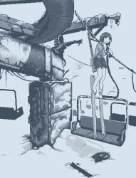 Rule 34 | 1girl, blazer, broken, chairlift, clinging, closed mouth, empty eyes, hamsterfragment, icicle, jacket, jaggy lines, long sleeves, medium hair, monochrome, no pupils, no socks, original, outdoors, pleated skirt, rope, school uniform, seat, ski lift, skirt, skis, snow, solo, suicidal girl (hamsterfragment), wheel