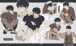 Rule 34 | 1boy, apron, black hair, black shirt, brown apron, brown jacket, brown pants, closed mouth, commentary, formal, grey background, grid background, highres, holding, jacket, long sleeves, male focus, multiple views, musical note, necktie, original, pants, pillow, railing, shirt, shoes, short hair, simple background, sitting, smile, spoken musical note, standing, suit, wangcheolgab