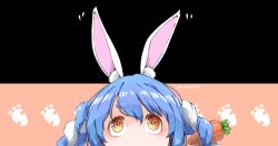 1girl blue_hair braid carrot highres hikimayu hololive kuuneru514 long_hair rabbit rabbit-shaped_pupils solo symbol-shaped_pupils twin_braids twintails usada_pekora virtual_youtuber white_hair yellow_eyes