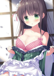 Rule 34 | 1girl, :o, apron, bad id, bad pixiv id, bare shoulders, blunt bangs, blush, bow, bra, breasts, brown hair, cleavage, collarbone, commentary request, frilled apron, frills, gochuumon wa usagi desu ka?, green eyes, green kimono, highres, japanese clothes, kimono, lace, lace-trimmed bra, lace trim, large breasts, long hair, long sleeves, looking at viewer, parted lips, pink bow, pink bra, polka dot, polka dot bra, satsuki yukimi, sidelocks, solo, striped clothes, striped kimono, ujimatsu chiya, underwear, undressing, vertical-striped clothes, vertical-striped kimono, very long hair, white apron, wide sleeves