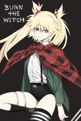 Rule 34 | 1girl, black thighhighs, blonde hair, bow, burn the witch, capelet, checkered clothes, closed mouth, copyright name, frown, green eyes, grey background, hair between eyes, highres, long hair, looking at viewer, ninny spangcole, plaid, plaid capelet, red bow, red capelet, simple background, single thighhigh, skindentation, solo, striped clothes, striped thighhighs, thigh strap, thighhighs, twintails, xxxsoiu1