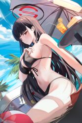 Rule 34 | 1girl, alternate costume, armpit crease, bare arms, bare shoulders, beach umbrella, bikini, black bikini, black hair, blue archive, blunt bangs, breasts, closed mouth, cooler, crying eye, day, dutch angle, embarrassed, front-tie bikini top, front-tie top, frown, halo, hand on own chest, highres, large breasts, long hair, looking at viewer, navel, outdoors, peroro (blue archive), red eyes, rio (blue archive), sitting, solo, stomach, string bikini, swimsuit, table, thighs, umbrella, very long hair, wet
