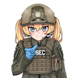 Rule 34 | 1girl, blonde hair, blue eyes, blue gloves, combat helmet, commentary, cross, english commentary, gloves, green shirt, helmet, jizi, load bearing vest, looking at viewer, medic, original, pointing, pointing at viewer, red cross, shirt, simple background, soldier, solo, tactical clothes, transparent background, twintails, upper body, vest