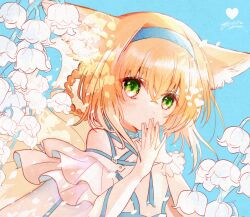 Rule 34 | 1girl, animal ear fluff, animal ears, arknights, bare shoulders, blonde hair, blue background, blue hairband, blush, braided hair rings, clothing cutout, commentary, crossed bangs, dress, flower, fox ears, fox girl, frilled sleeves, frills, green eyes, hairband, highres, lily of the valley, looking at viewer, name connection, object namesake, oonohara kenya, short sleeves, shoulder cutout, single wrist cuff, solo, steepled fingers, suzuran (arknights), upper body, white dress, wrist cuffs