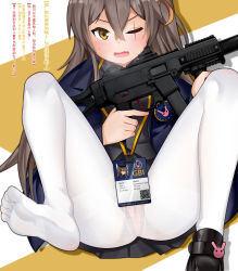 Rule 34 | 1girl, blush, brown eyes, brown hair, commentary request, fang, girls&#039; frontline, gun, h&amp;k ump, hair between eyes, highres, holding, holding gun, holding weapon, id card, jacket, looking at viewer, one eye closed, open mouth, panties, panties under pantyhose, pantyhose, qinghua yu, scar, scar across eye, scar on face, shoes, single shoe, skin fang, skirt, soles, solo, submachine gun, toes, translation request, trigger discipline, ump45 (agent lop rabbit) (girls&#039; frontline), ump45 (girls&#039; frontline), underwear, weapon, white pantyhose