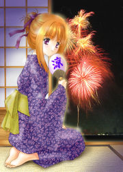 Rule 34 | fireworks, japanese clothes, kimono, kneeling, orange hair, ribbon