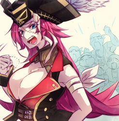 Rule 34 | 10s, 1girl, 4boys, bandana, bare shoulders, beard, belt, blue eyes, breasts, choker, cleavage, coat, fate/extra, fate/grand order, fate (series), francis drake (fate), hat, long hair, monochrome, multiple boys, open mouth, pants, pink hair, scar