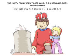 Rule 34 | 1boy, 1girl, :d, bad id, bad pixiv id, blonde hair, blush, boots, brown hair, chinese text, clothes, comic, crown, dress, eating, english text, facial hair, father and daughter, fish, greenteaneko, highres, holding, mario, mario (series), mustache, nintendo, on one knee, open mouth, purple dress, simple background, simplified chinese text, smile, tears, tombstone, white background