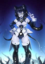 Rule 34 | 1girl, :d, animal ears, artist name, barbariank, bare shoulders, bespectacled, black-framed eyewear, black hair, black sclera, breasts, cat ears, cleavage, cleavage cutout, clothing cutout, colored sclera, colored skin, detached sleeves, glasses, hand on own hip, highres, large breasts, looking at viewer, monster girl, monster girl encyclopedia, open mouth, purple skin, shoggoth (monster girl encyclopedia), short hair, signature, slime girl, smile, solo, star-shaped pupils, star (symbol), symbol-shaped pupils, tentacles, thighhighs, v, wrist cuffs, yellow eyes