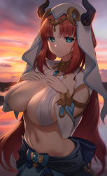Rule 34 | 1girl, absurdres, aqua eyes, breasts, brooch, circlet, cleavage, closed mouth, clothing cutout, cloud, commentary request, crop top, evening, forehead jewel, genshin impact, gold trim, hands on own chest, harem outfit, highres, horns, jewelry, large breasts, long hair, long sleeves, low twintails, navel, neck ring, nilou (genshin impact), orange sky, outdoors, parted bangs, puffy long sleeves, puffy sleeves, red hair, revealing clothes, shrug (clothing), sidelocks, sigma 2018, skirt, sky, smile, solo, stomach, twintails, vambraces, veil, vision (genshin impact), water