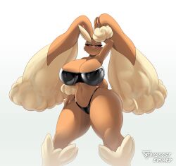 Rule 34 | 1girl, :3, absurdres, animal nose, arm up, armpits, artist name, bare shoulders, bikini, black bikini, black sclera, blurry, blush, body fur, breasts, brown fur, byghosteduard, cameltoe, cleavage, closed mouth, collarbone, colored sclera, commission, creatures (company), depth of field, female focus, furry, furry female, game freak, gen 4 pokemon, gradient background, grey background, half-closed eyes, hand on own hip, happy, highleg, highleg bikini, highres, huge breasts, legs apart, light blush, long ears, looking at viewer, lopunny, navel, nintendo, pokemon, pokemon (creature), rabbit ears, rabbit girl, rabbit tail, red eyes, shiny clothes, simple background, smile, solo, standing, stomach, strapless, strapless bikini, swimsuit, thick thighs, thighs, two-tone fur, watermark, wide hips, yellow fur