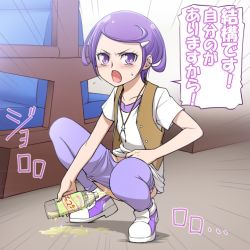 Rule 34 | 1girl, blush, bottle, dokidoki! precure, hair ornament, hairclip, kenzaki makoto, looking at viewer, open mouth, panties, panty pull, peeing, peeing in bottle, precure, purple eyes, purple hair, squatting, translated, underwear