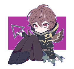 Rule 34 | 1boy, ahoge, arm support, arm up, armor, boots, breastplate, brown hair, brown wings, cape, chibi, commentary request, feathered wings, fingerless gloves, full body, gloves, granblue fantasy, green cape, hair between eyes, high heel boots, high heels, hood, hood down, knees up, looking at viewer, male focus, messy hair, pants, red eyes, sandalphon (granblue fantasy), sitting, smile, solo focus, sweet love4s, tight clothes, tight pants, triangle print, wings