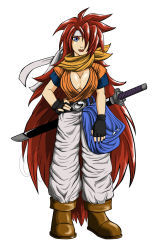 Rule 34 | 1girl, absurdly long hair, belt, belt buckle, black nails, blue eyes, boots, breasts, buckle, chrono trigger, crono (chrono trigger), fingerless gloves, genderswap, genderswap (mtf), gloves, headband, highres, katana, large breasts, long hair, looking at viewer, nail polish, one eye covered, pants, pouch, red hair, solo, spiked hair, sword, very long hair, weapon, white background, white pants