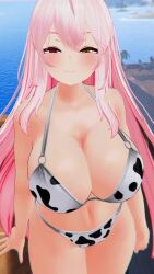 Rule 34 | 1girl, 3d, animated, bikini, bouncing breasts, breasts, cleavage, cornelia vr, cow print, cow print bikini, curvy, highres, huge breasts, large breasts, long hair, looking at viewer, pink hair, print bikini, red eyes, solo, swimsuit, tagme, thighs, video, vrchat, wide hips, yellow eyes