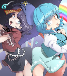 Rule 34 | 2girls, black ribbon, blue eyes, blue hair, blue headwear, blue skirt, blue vest, blush, breasts, butt bump, cabbie hat, chinese clothes, closed mouth, commentary request, cowboy shot, hat, hat ornament, heart, heterochromia, highres, hitodama, holding, holding umbrella, jiangshi, juliet sleeves, karakasa obake, lace-trimmed sleeves, lace trim, large breasts, long sleeves, looking at viewer, medium breasts, medium hair, miyako yoshika, multiple girls, ofuda, open mouth, outstretched arms, puffy sleeves, purple hair, rainbow, red eyes, red shirt, ribbon, sharp teeth, shika miso, shirt, short hair, short sleeves, skirt, smile, star (symbol), star hat ornament, tangzhuang, tatara kogasa, teeth, tongue, tongue out, touhou, umbrella, vest, white shirt, zombie pose