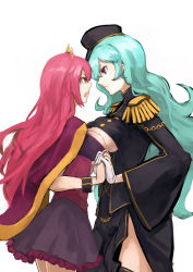 Rule 34 | 2girls, angry, aqua hair, asymmetrical docking, blue eyes, bracelet, breast press, breasts, brown eyes, cape, clothing cutout, crown, epaulettes, eye contact, face-to-face, gloves, hat, holding hands, imagawa yoshimoto (sengoku collection), interlocked fingers, jewelry, large breasts, long hair, looking at another, multiple girls, oda nobunaga (sengoku collection), open mouth, pink hair, sengoku collection, simple background, skirt, thighhighs, totteri, underboob, underboob cutout, wavy hair, white background, white gloves