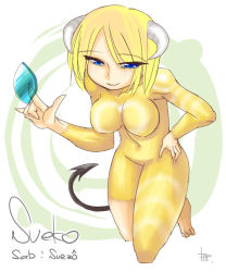 Rule 34 | 1990s (style), \m/, aoba ryouji, bad id, bad pixiv id, barefoot, blonde hair, blue eyes, blush, character name, colored skin, demon girl, demon tail, eyes visible through hair, half-closed eyes, hand on own hip, hip focus, horns, monster farm, parted bangs, pixie (monster farm), retro artstyle, smile, tail, thighs, vanity (monster farm), yellow skin