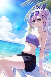 Rule 34 | 1girl, absurdres, arm support, bandeau, bare arms, bare shoulders, beach, black shorts, blue eyes, blue sky, breasts, cloud, commentary request, day, drill hair, eyewear on head, feet out of frame, highres, honkai: star rail, honkai (series), long hair, looking at viewer, medium breasts, midriff, natsuki iroha, navel, ocean, outdoors, ponytail, purple hair, short shorts, shorts, silver wolf (honkai: star rail), sitting, sky, solo, sparkle, stomach, strapless, sunglasses, thighs, tube top, very long hair, water